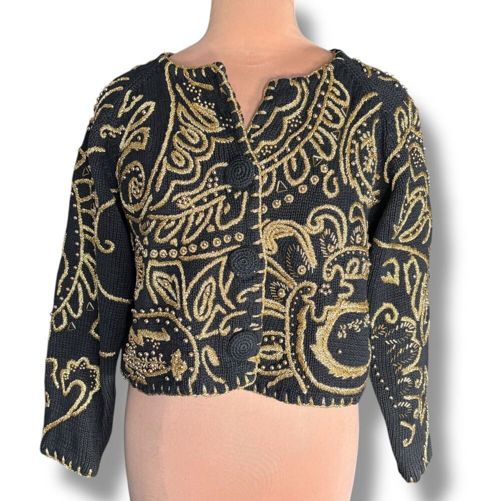 Vintage 90s Michael‎ Simon Black Gold Metallic Embroidered Cropped Knit Cardigan